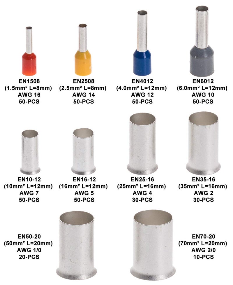 RockDIG 10-Sizes 16 14 12 10 8 6 4 2 1/0 2/0 Gauge Copper Wire Ferrules Assortment Kit Matte Tin Plating Pin Ferrules(390PCS KIT) - Image 3