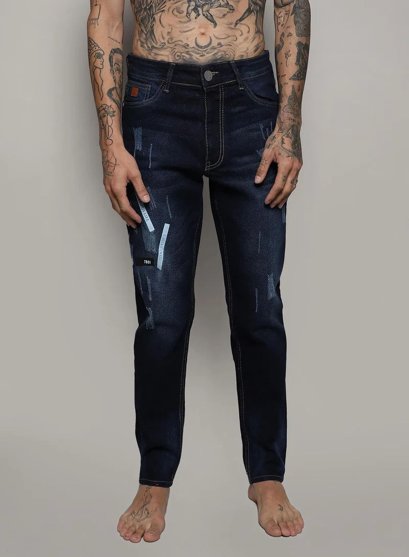 Campus Sutra Men's Navy Blue Embroidered Patched Denim Jeans