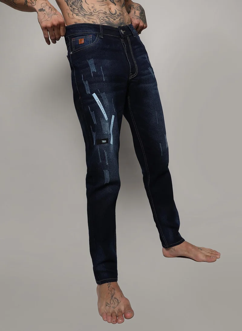 Men's Navy Blue Embroidered Patched Denim Jeans