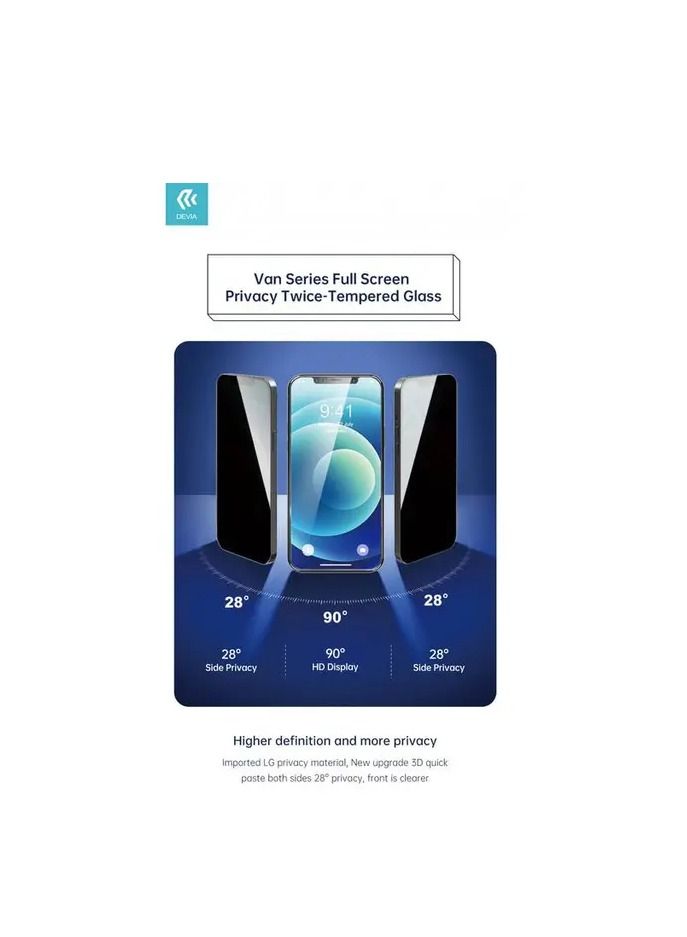 ديفيا فان سيريز شاشة كاملة الخصوصية زجاج مقوى مرتين لهاتف آيفون 13/13 برو (6.1 بوصات) - أسود - Image 1