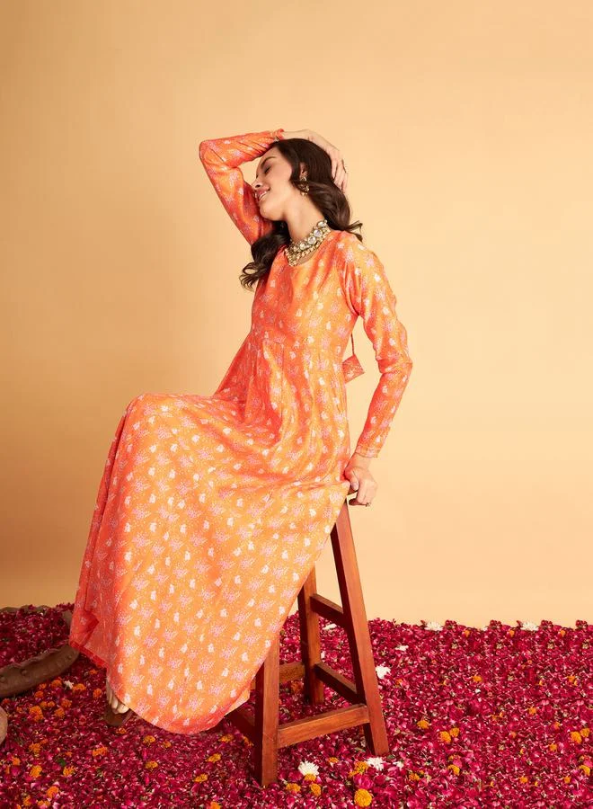 ساسافراس Floral Print Round Neck Anarkali Maxi Dress by Styli