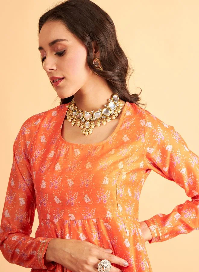 ساسافراس Floral Print Round Neck Anarkali Maxi Dress by Styli