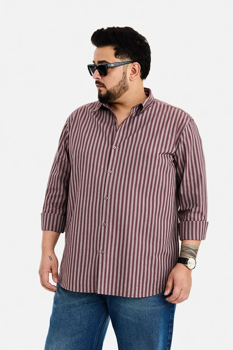 سنيتش Wine Striped Long Sleeve Regular Fit Plus Size Shirt