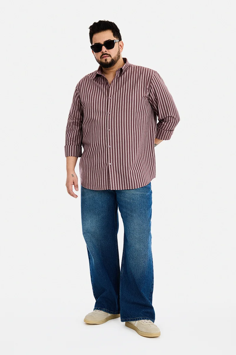 سنيتش Wine Striped Long Sleeve Regular Fit Plus Size Shirt