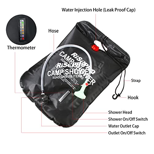 RISEPRO Solar Shower Bag, 5 gallons/20L Solar Heating Camping Shower Bag Temperature Indicator Hot Water 45°C Hiking Climbing C1004 - Image 2