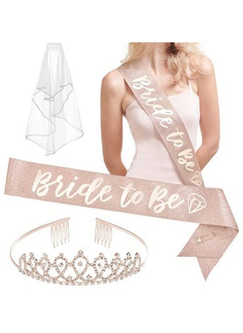 3 Pack Bride to Be Sash Set with Headband Tiara and Shoulder Length Veil Bachelorette Party Supplies Bridal Shower Decoration Accessories