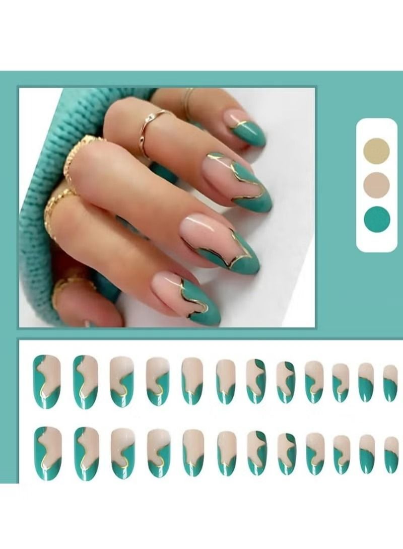 Glitter Green Fake Nails Ladies Long Nails Rhinestones Full Coverage Ladies And Girls Nail Pieces (24 Pieces 1 Box)