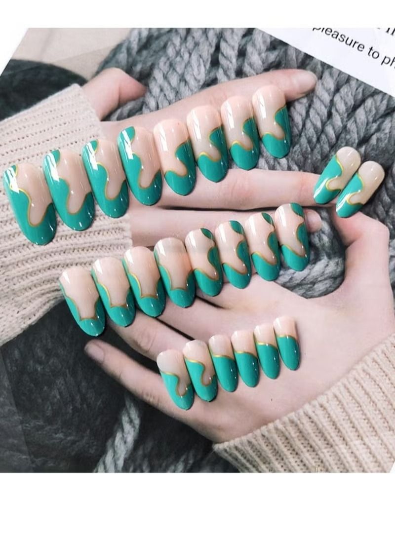 Glitter Green Fake Nails Ladies Long Nails Rhinestones Full Coverage Ladies And Girls Nail Pieces (24 Pieces 1 Box)
