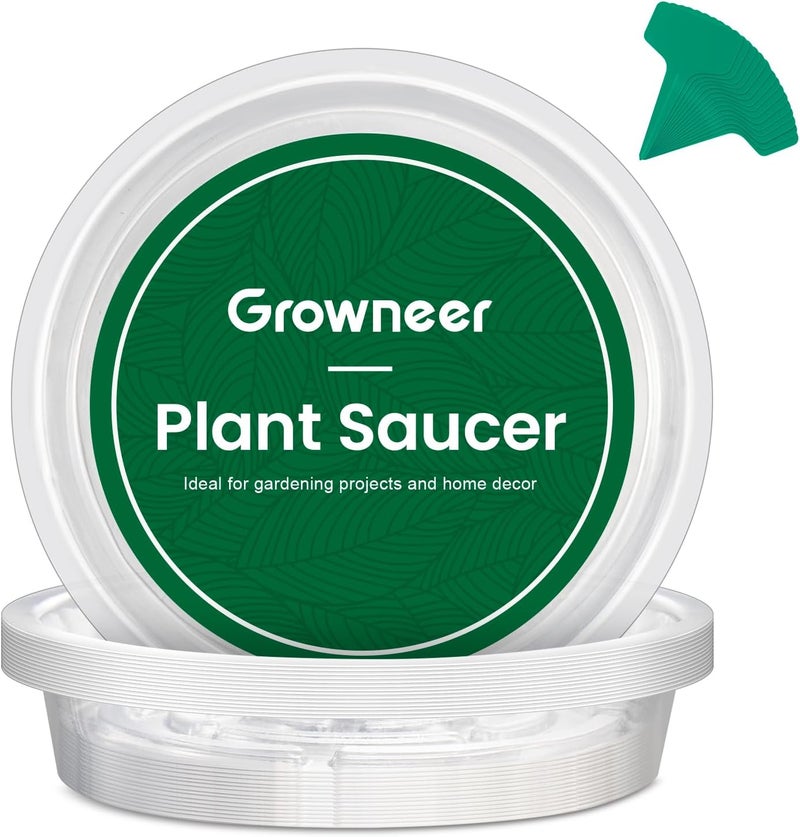 GROWNEER 15 Packs 8 Inches Clear Plant Saucers Flower Pot Trays, with 15 Pcs Plant Labels, Plastic Plant Saucer Drip Trays for Indoor Outdoor Plants Garden - Image 1