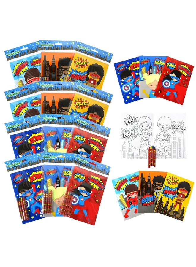 TINYMILLS Tiny Mills Superhero Coloring Books for Kids with 12 Coloring Books and 48 Crayons Party Favors, Superhero Prizes, Favor Bag Filler, Superhero Party Supplies - Image 1