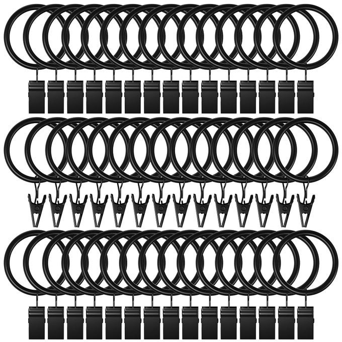 44 PACK CURTAIN RINGS WITH CLIPS BLACK CURTAIN HOOKS HANGERS RUSTPROOF METAL DRAPERY RINGS FOR HANGING DRAPES BOWS TENSION ROD 1 INTERIOR DIAMETER FITS UP TO 58 IN CURTAIN ROD