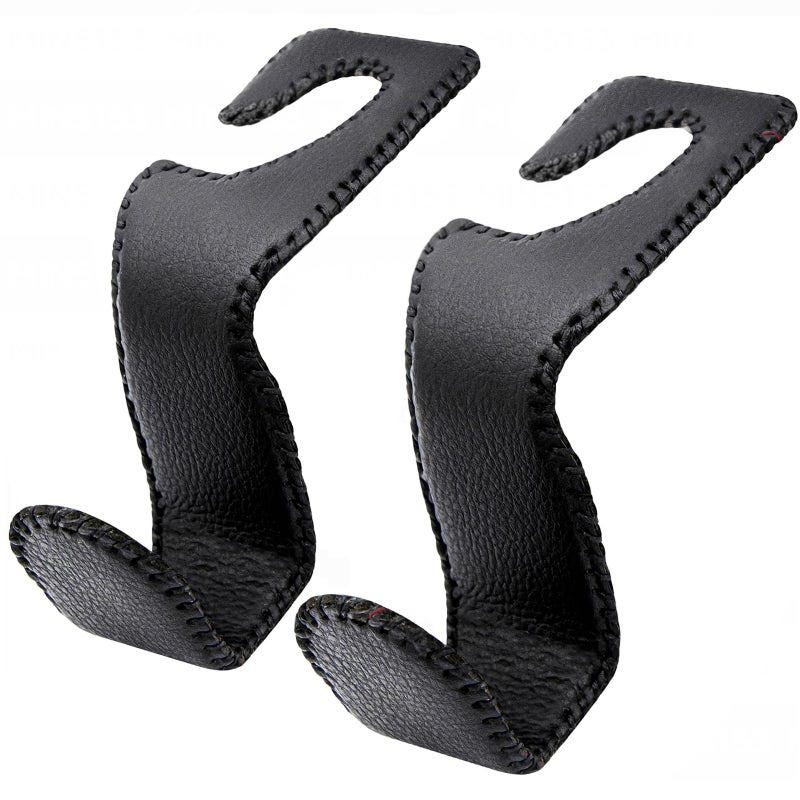 EldHus Headrest Hooks for Purses and Bags, 2 Pack Car Seat Hooks for Grocery Bag Handbag, Metal Car Purse Holder Covered by Leather, Black - Image 1