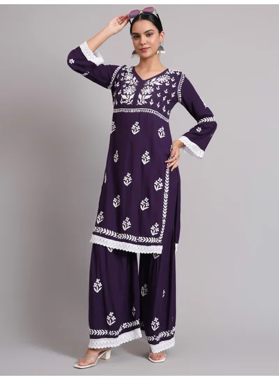 Alaya Women Hand Embroidered Lucknowi Chikankari Rayon Kurta Set-AL4077KS