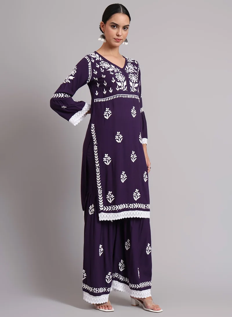 Alaya Women Hand Embroidered Lucknowi Chikankari Rayon Kurta Set-AL4077KS