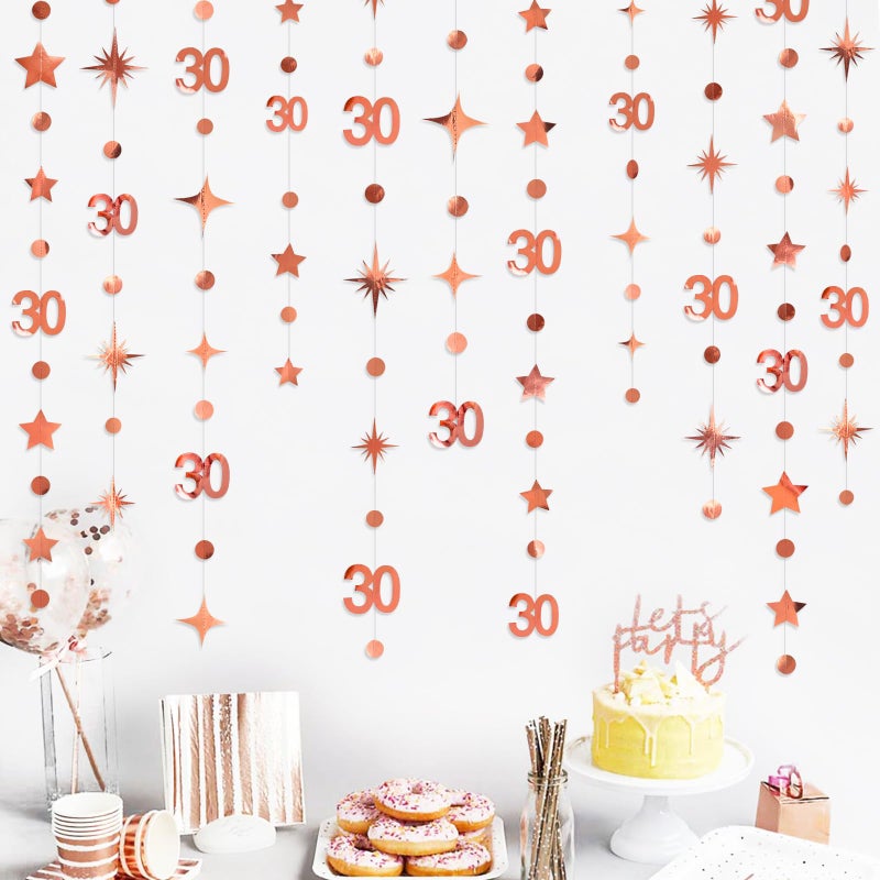 Rose Gold 30th Birthday Decorations Number 30 Circle Dot Twinkle Star Garland Metallic Hanging Streamer Bunting Banner Backdrop for Her Dirty 30 Year Old Birthday Thirty Anniversary Party Supplies