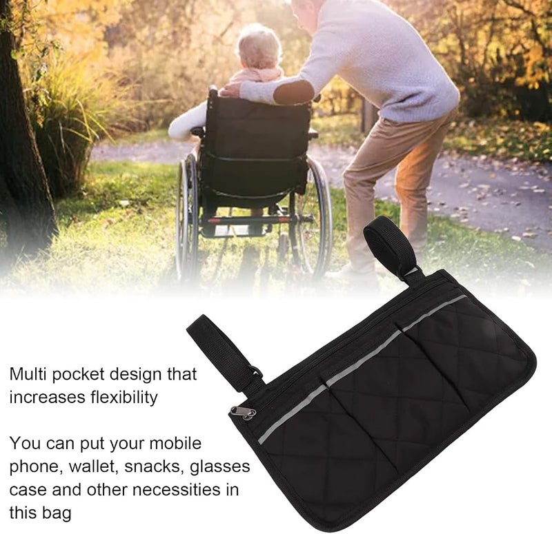 OEBUAFI Wheelchair Side Pocket Waterproof Polyester Bag, Multi Pocket Design for Walkers, Scooters, Electric Scooters, Armrest Storage Bag (Black) - Image 4