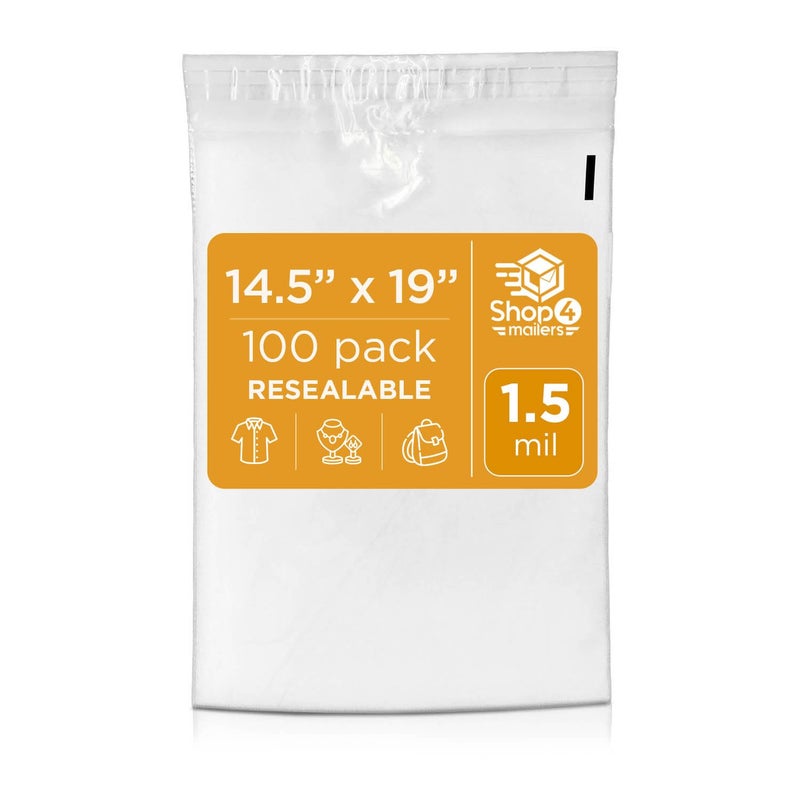 Shop4Mailers 145 x 19 Clear Plastic Poly Bags 15 Mil Self Seal Packaging for Apparel Jewelry Documents Prints Gifts Storage Resealable 100 Pack