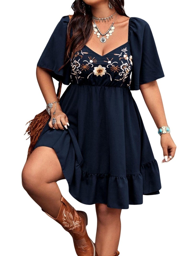 Verdusa Women's Plus Size Western Boho Floral Dress Cowgirl Country Concert Vacation Outfits Flowy Summer Dresses Dark Blue X-Large Plus - Image 1
