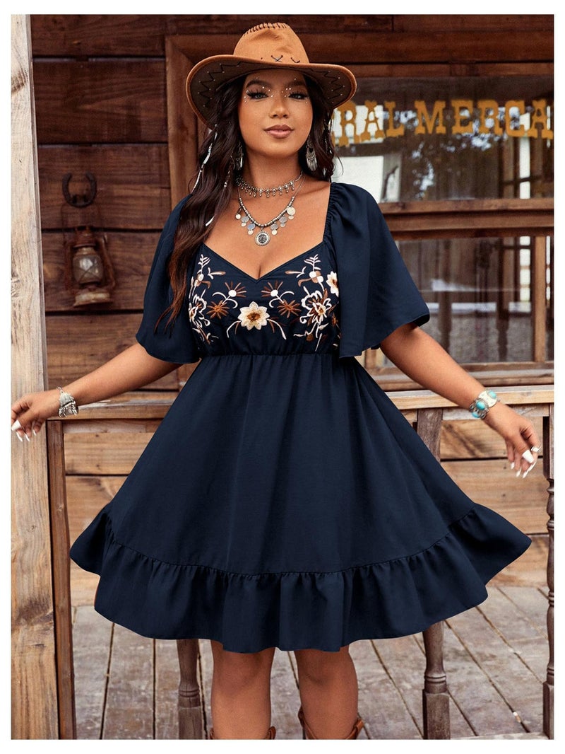 Verdusa Women's Plus Size Western Boho Floral Dress Cowgirl Country Concert Vacation Outfits Flowy Summer Dresses Dark Blue X-Large Plus - Image 3