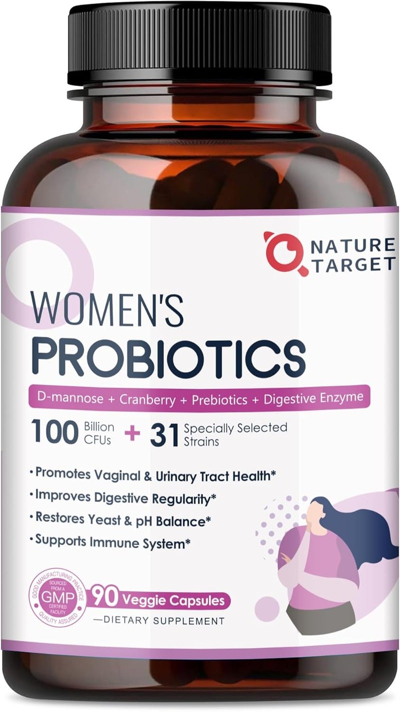 NATURE TARGET Probiotics for Women 100 Billion CFUs Probiotic with Digestive Enzymes  Prebiotics Vaginal Probiotics with Cranberry for Urinary Tract Health pH Balance 90 Veggie Capsules - Image 1