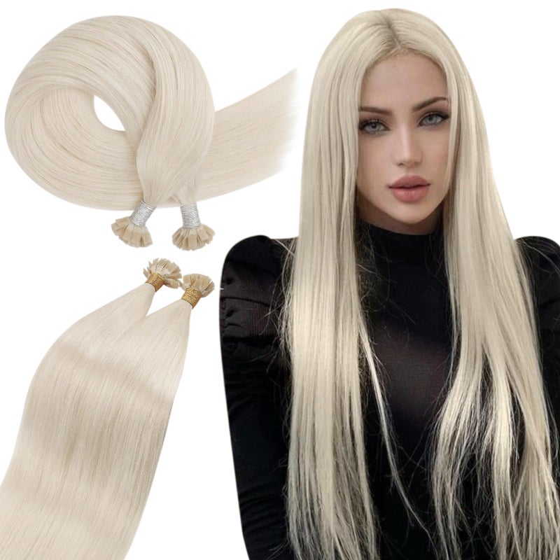 Ugeat Platinum Blonde K Tips Hair Extensions Human Hair 18 Inch Flat Tip Hair Extensions Human Hair Blonde Hot Fusion Keratin Bond No Shedding 60 Medium Length 50G 50S