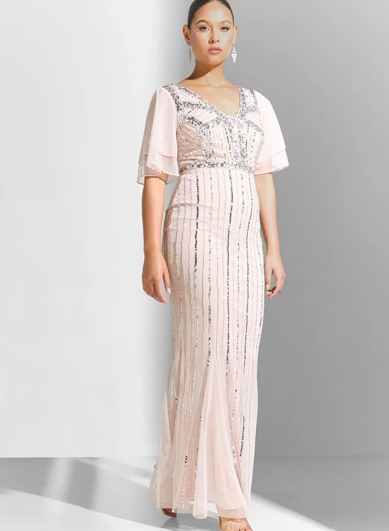 Amelia Rose Embellished Flared Sleeve Tiered Dress