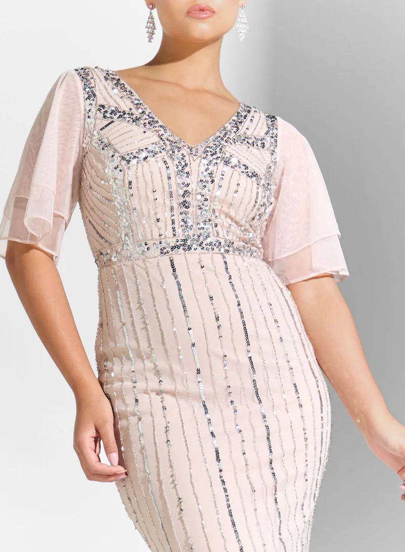 Amelia Rose Embellished Flared Sleeve Tiered Dress