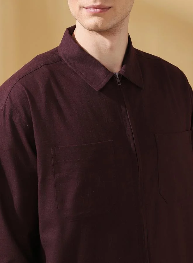 Dennis Lingo Men's Wine Slub Fabric Doha Solid Pattern Button Down Relaxed Shirt