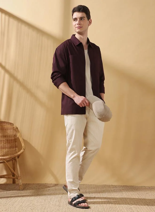 Dennis Lingo Men's Wine Slub Fabric Doha Solid Pattern Button Down Relaxed Shirt