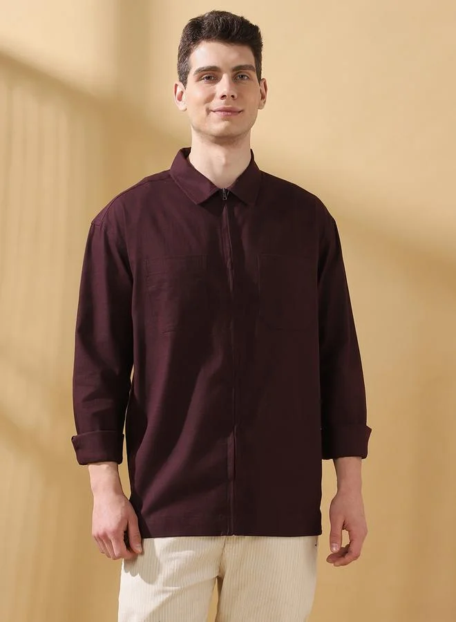 Dennis Lingo Men's Wine Slub Fabric Doha Solid Pattern Button Down Relaxed Shirt