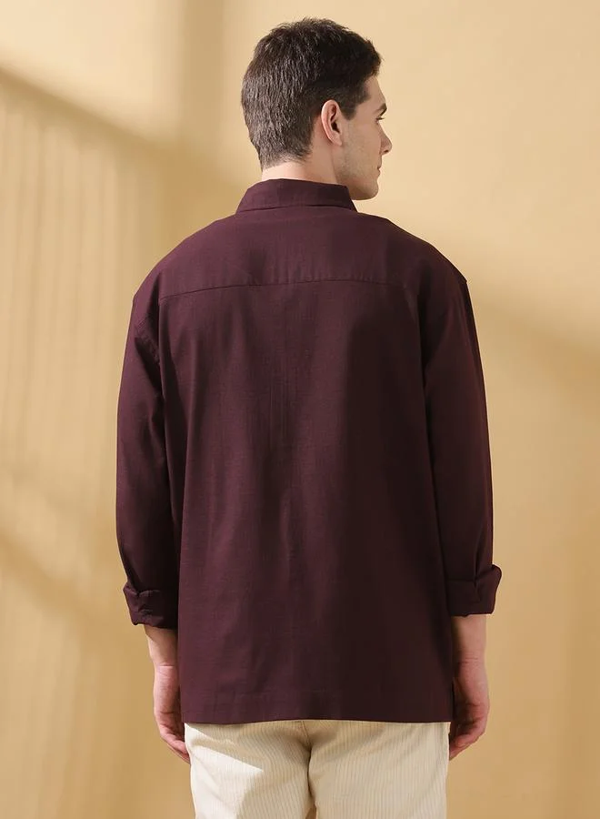 Dennis Lingo Men's Wine Slub Fabric Doha Solid Pattern Button Down Relaxed Shirt