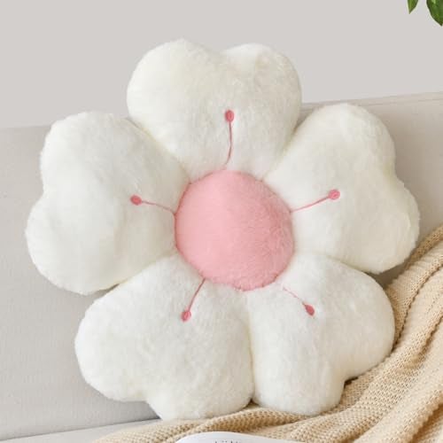 ZCNYCLAM Flower Shaped Pillow Cute Decorative Throw Pillow with Soft Artificial Rabbit Fur for Couch Bed Chair Floor Flower Pillows Seating Cushions Room Dcor for Bedroom Living Room 149 White - Image 1