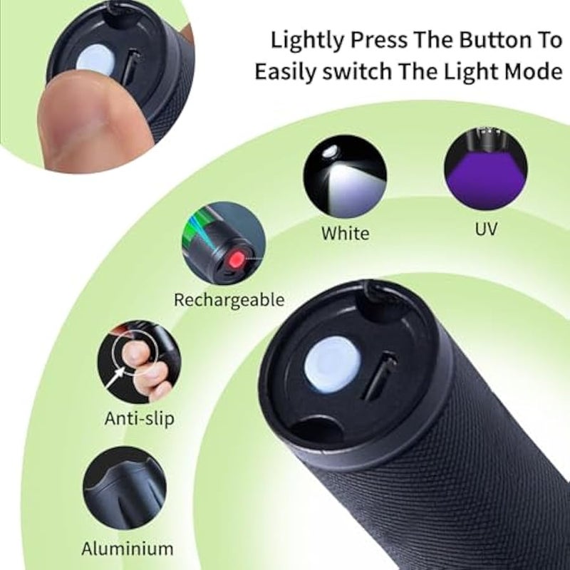 UV Mini Flashlight Rechargeable, 2 in 1 LED Bright Small Torch, 395nm Black Light Portable Flashlights, Blacklight for Pet Urine Detection, Dry Stains, Bed Bug, Resin Curing, Scorpions Finder - Image 2