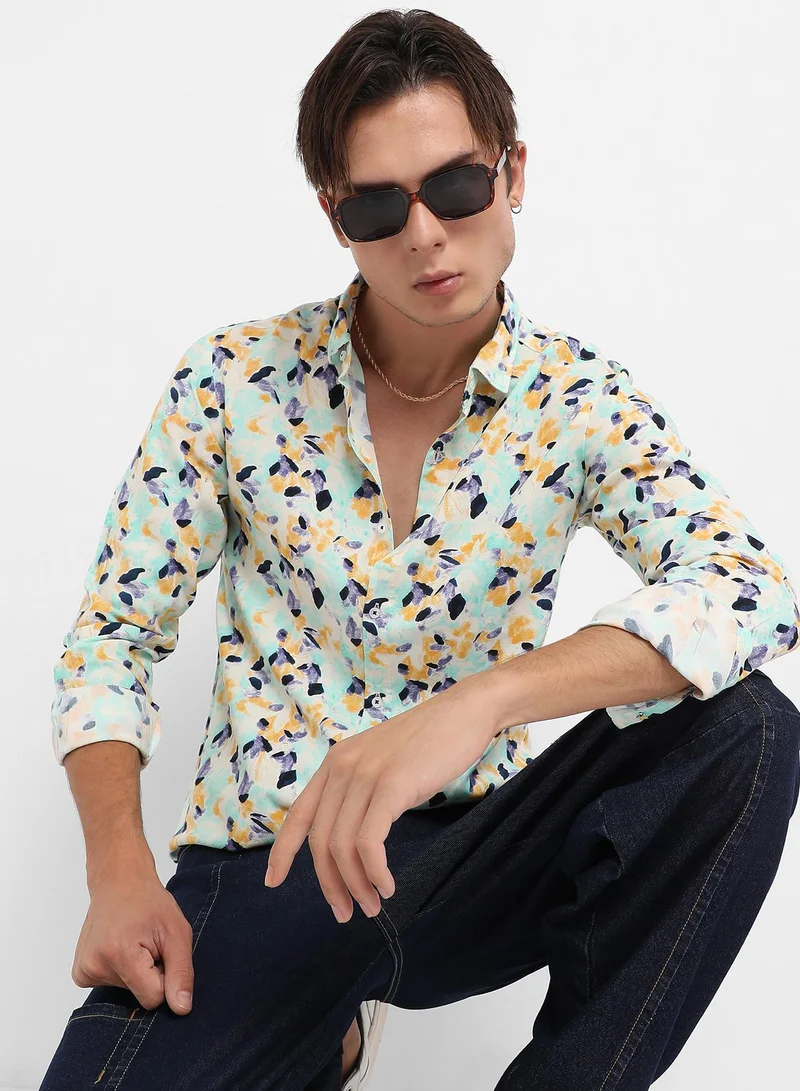 Campus Sutra Men's Multicolour Leaf Strokes Shirt