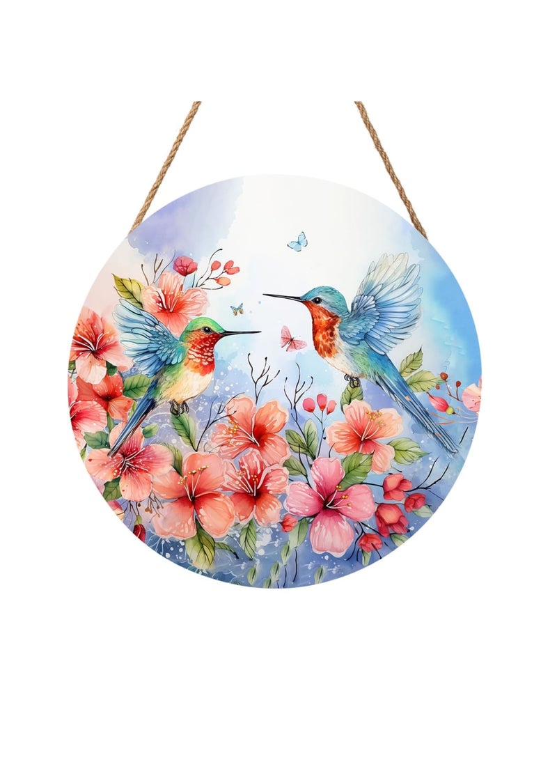 SYOSI Spring Summer Hummingbird Birds Front Door Sign, Farmhouse Wooden Door Hanger with Seasonal Flowers, 12"x12" Outdoor Porch Welcome Wall Decoration, Ideal for Home Entrance and Seasonal Use - Image 1