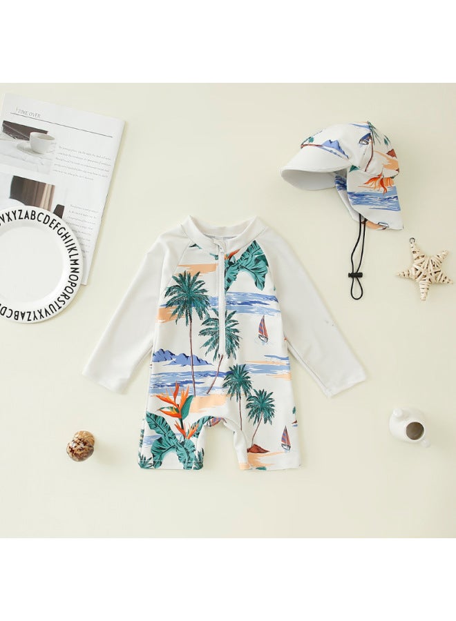 Generic Children's Clothing Boy's Full-print One-piece Swimsuit Boy's Baby's Half-open One-piece Swimsuit Children's Swimsuit Hat-Color:Ivory White Coconut Tree-Size:90  - Image 1