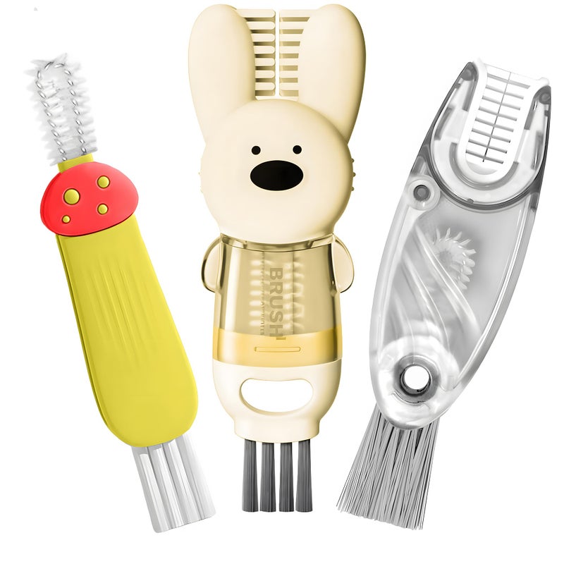 ANSOTHIN Cup Lid Cleaning Brush, Multifunctional Set with 3 in 1 Lid Cleaner and Two 4 in 1 Cup Lid Cleaning Brushes, Cleaning Brush Tool for Bottles, Straws, Tumblers, Travel Mug Caps, Portable Kit (Yellow) - Image 1