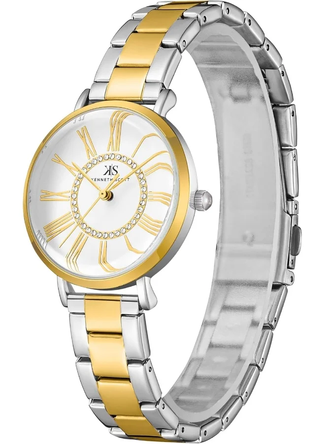 KENNETH SCOTT Kenneth Scott Women's PC21 Movement Watch, Analog Display and Stainless Steel Strap - K23536-TBTW, Silver+Gold
