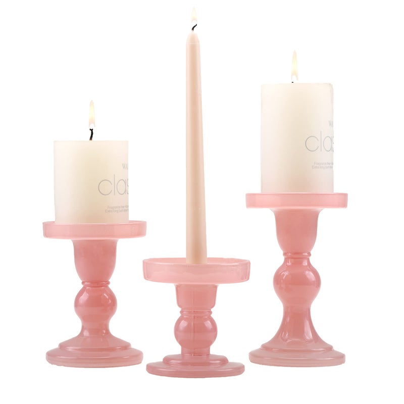 GMWD 3 Pcs Glass Candle Holder Set Clear Pink Candlesticks Holders Pillar Taper Candles Tealight Stand for Wedding Centerpieces Home Decorations Dining Table