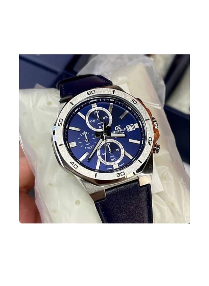 CASIO ساعة اديفيس كرونوغراف بمينا ازرق وبسوار جلدي للرجال EFV-640L-2AVUDF - Image 3
