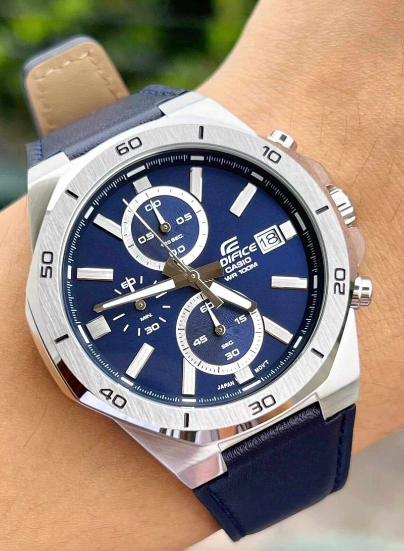 CASIO ساعة اديفيس كرونوغراف بمينا ازرق وبسوار جلدي للرجال EFV-640L-2AVUDF - Image 2