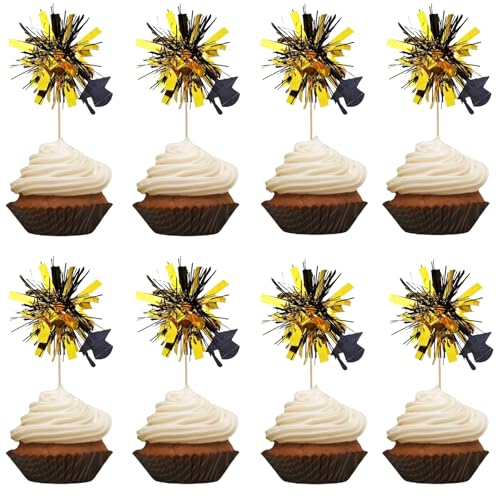 KIGEAPUEL 24Pcs Graduation Cupcake ToppersClass of 2025 Foil Firework Cupcake Toppers Tinsel FoodAppetizer Picks For Graduation CupCake Decorations Supplies Favor - Image 1