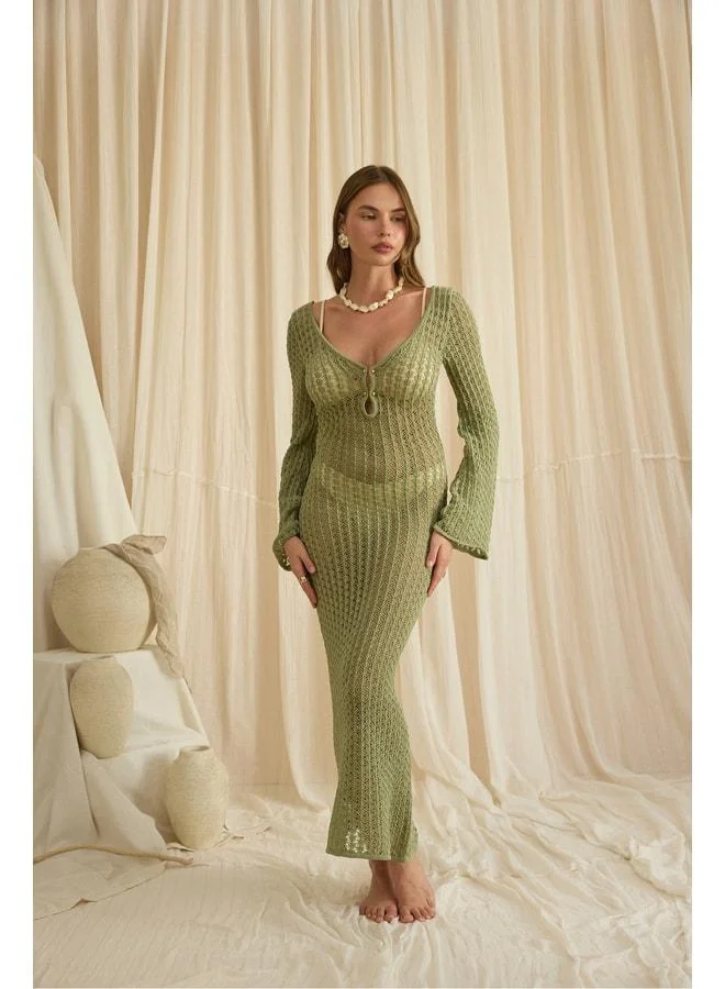 Bohemai  Putra V-Neck Green Knit Long Dress. for Women | Best Price UAE
