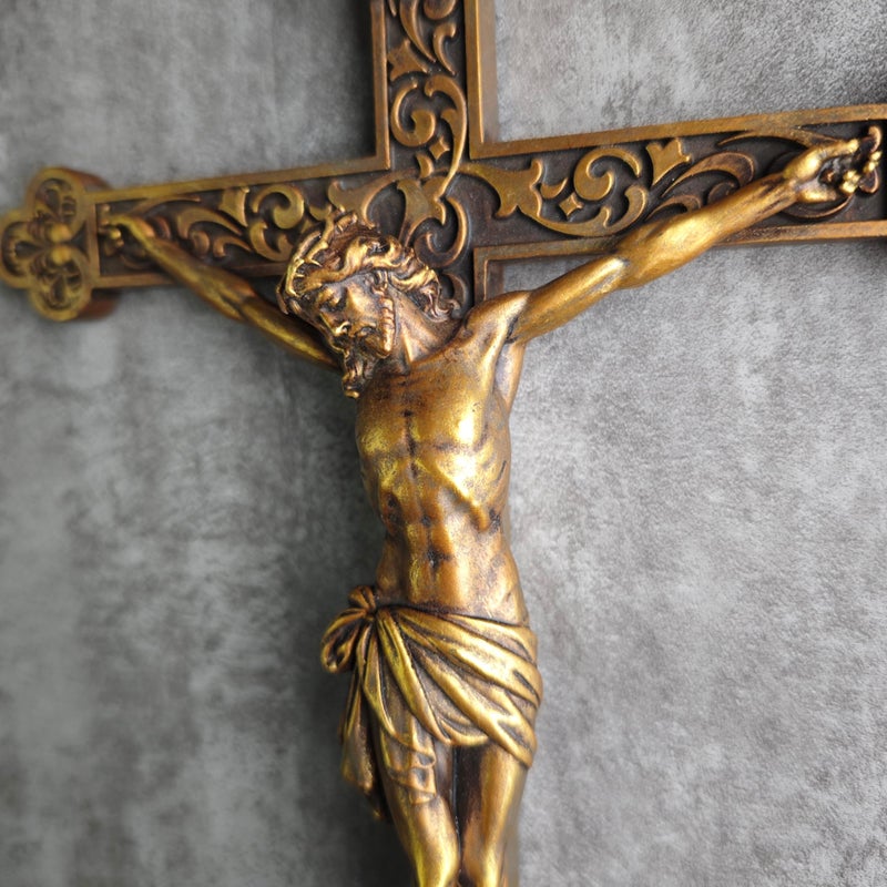BC BUILDCLASSIC BC Catholic Crucifix Wall Cross, Jesus Christ Religious Home Decor, Catholic Wedding Gift, Renaissance Carve Look, Vintage Gold Color finish, Made of Resin, 12" H Hand Painted by Buildclassic - Image 2