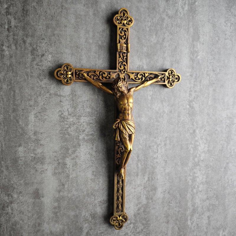 BC BUILDCLASSIC BC Catholic Crucifix Wall Cross, Jesus Christ Religious Home Decor, Catholic Wedding Gift, Renaissance Carve Look, Vintage Gold Color finish, Made of Resin, 12" H Hand Painted by Buildclassic - Image 5
