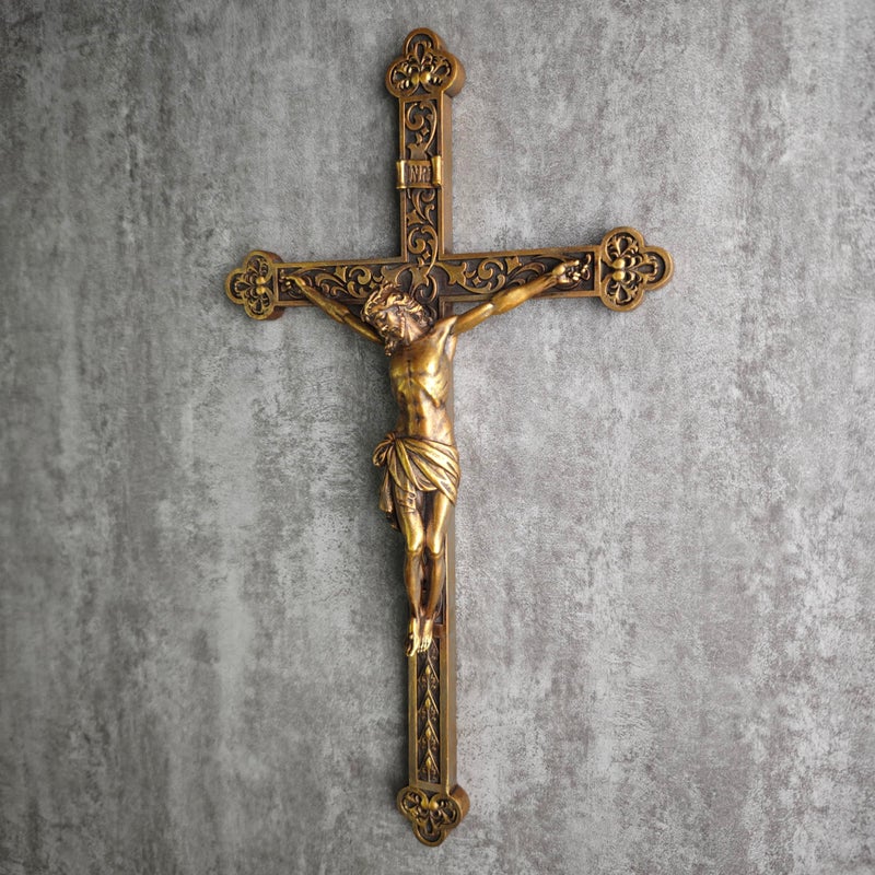 BC BUILDCLASSIC BC Catholic Crucifix Wall Cross, Jesus Christ Religious Home Decor, Catholic Wedding Gift, Renaissance Carve Look, Vintage Gold Color finish, Made of Resin, 12" H Hand Painted by Buildclassic - Image 4