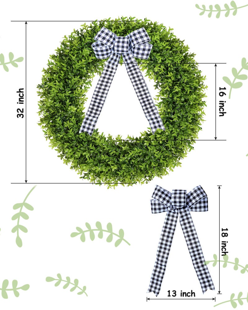 Vlorart 32" Faux Boxwood Wreath, Artificial Large Boxwood Wreaths Front Door, Spring Summer Waterproof Green Wreath Hanging with A Bow for Wall Farmhouse Outside Window Wedding Party Decor Year Round - Image 2