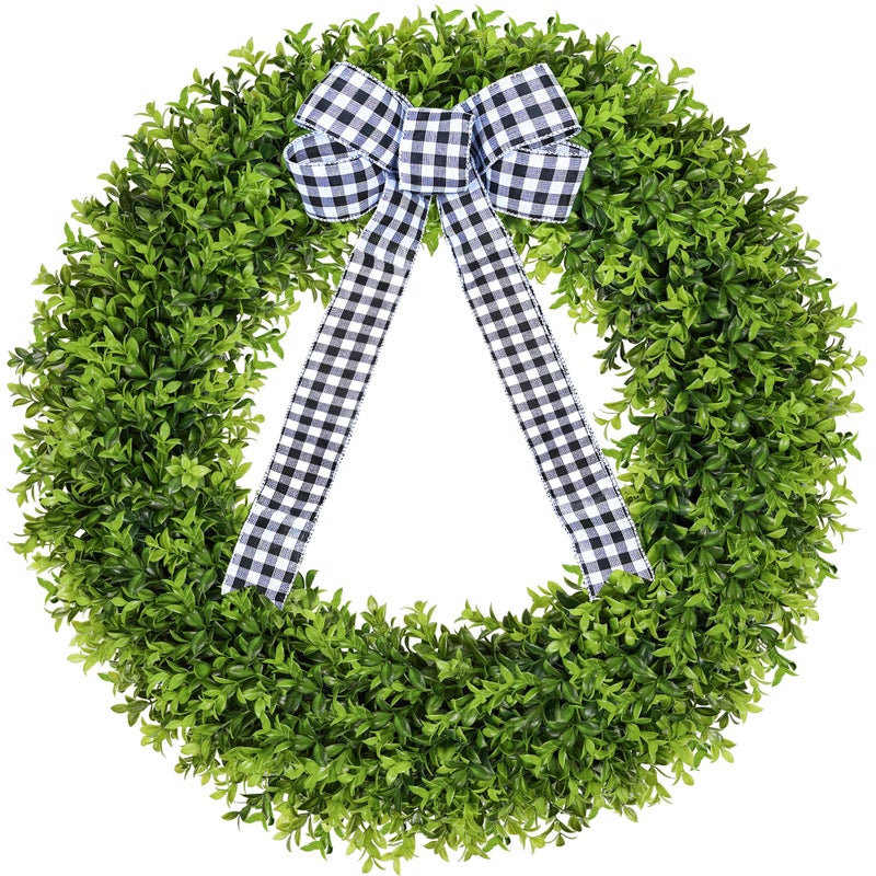 Vlorart 32" Faux Boxwood Wreath, Artificial Large Boxwood Wreaths Front Door, Spring Summer Waterproof Green Wreath Hanging with A Bow for Wall Farmhouse Outside Window Wedding Party Decor Year Round - Image 1