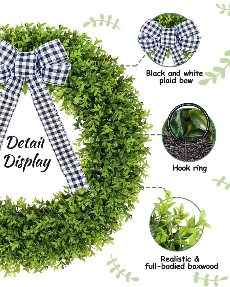 Vlorart 32" Faux Boxwood Wreath, Artificial Large Boxwood Wreaths Front Door, Spring Summer Waterproof Green Wreath Hanging with A Bow for Wall Farmhouse Outside Window Wedding Party Decor Year Round - Image 3