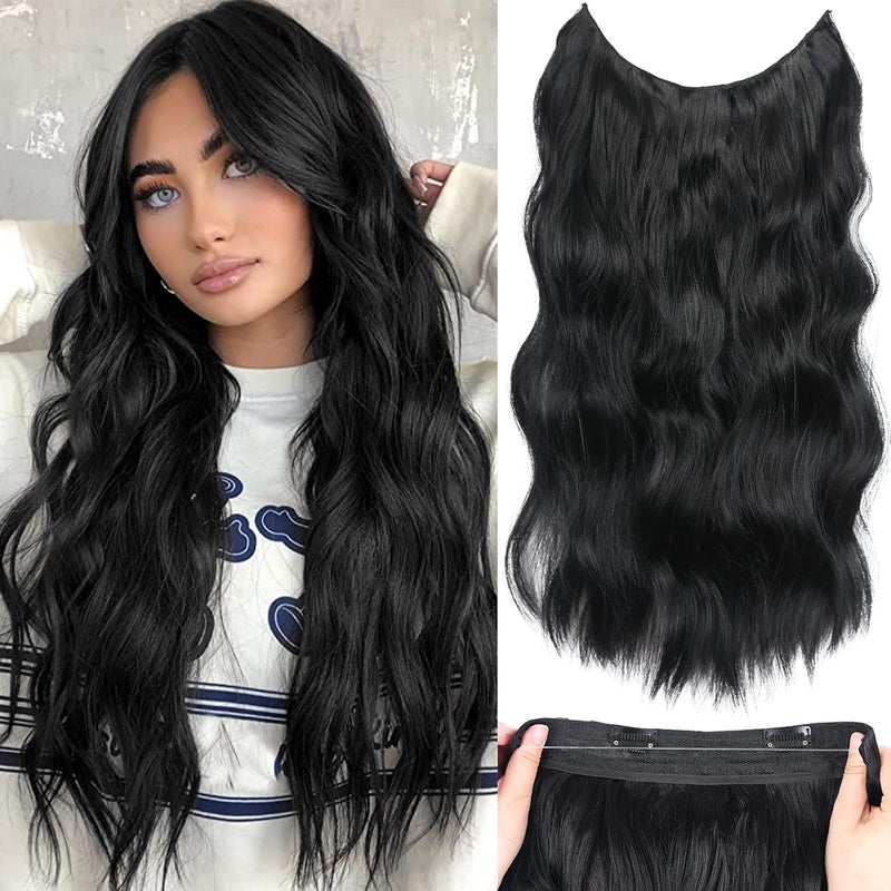 Halos black Hair Extensions with Transparent Wire Invisible Wire Hair Extensions with 5 Adjustable Sizes 20 Inch Synthetic Long Wavy Hair Pieces for Women Color Black